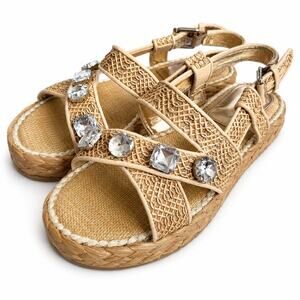 Circus by Sam Edelman Beige Raffia Jeweled Platform Sandals Women's Size 8.5